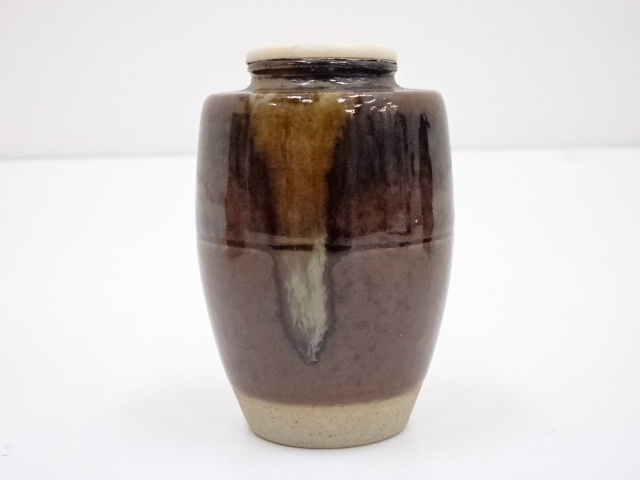 茶道具　膳所焼　出雲肩衝　茶入　共箱 膳所焼 肩衝茶入 淡海ぜぜ 陽炎園造 共箱 象牙蓋 仕覆（日野間道